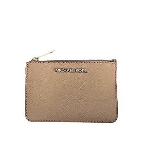 Michael Kors Jet Set Travel Card Holder Top Zip Change Purse Key Chain Tan Gold